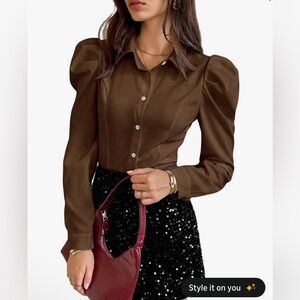 Floerns Women's Puff Long Sleeve Brown Shirt